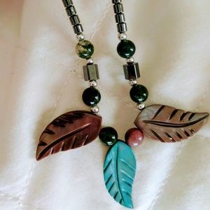 Hematite and Jade Leaf Necklace Brown, Black, Teal